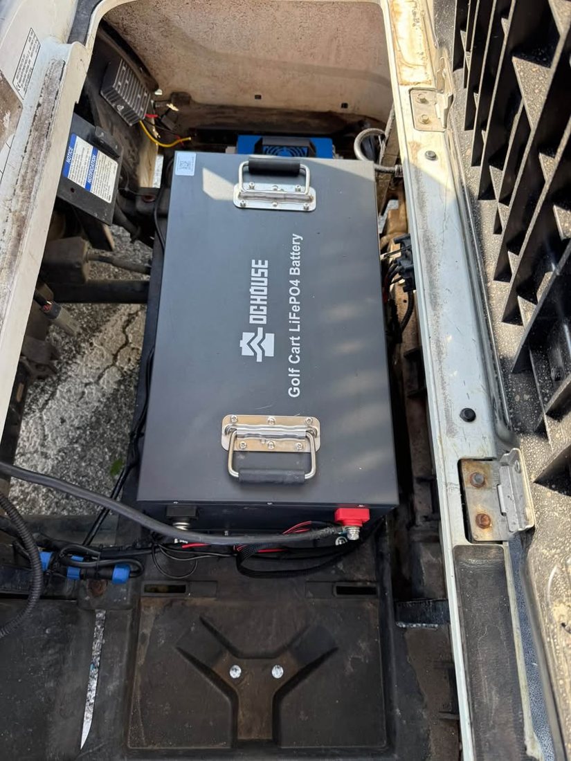 Lithium golf cart battery installed under the seat